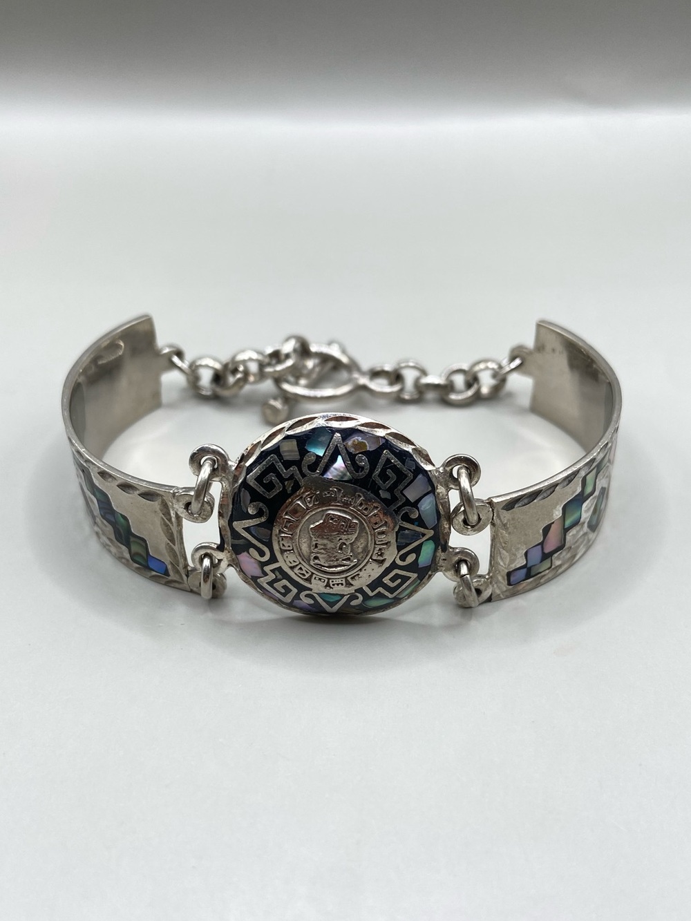 Vintage Sterling Silver Abalone Inlay Aztec Medallion Toggle Bracelet